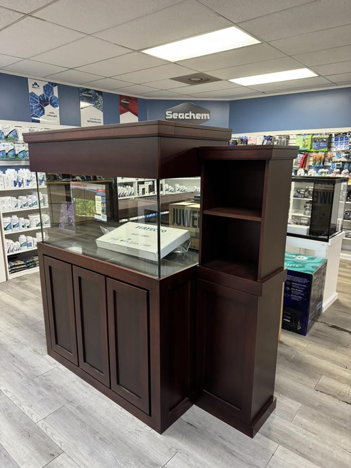 Peninsula style dark wood aquarium system